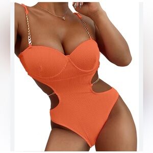 YAUOSPA Orange Ribbed Cut Out Chain Strap One Piece Swimsuit Size L NWOT